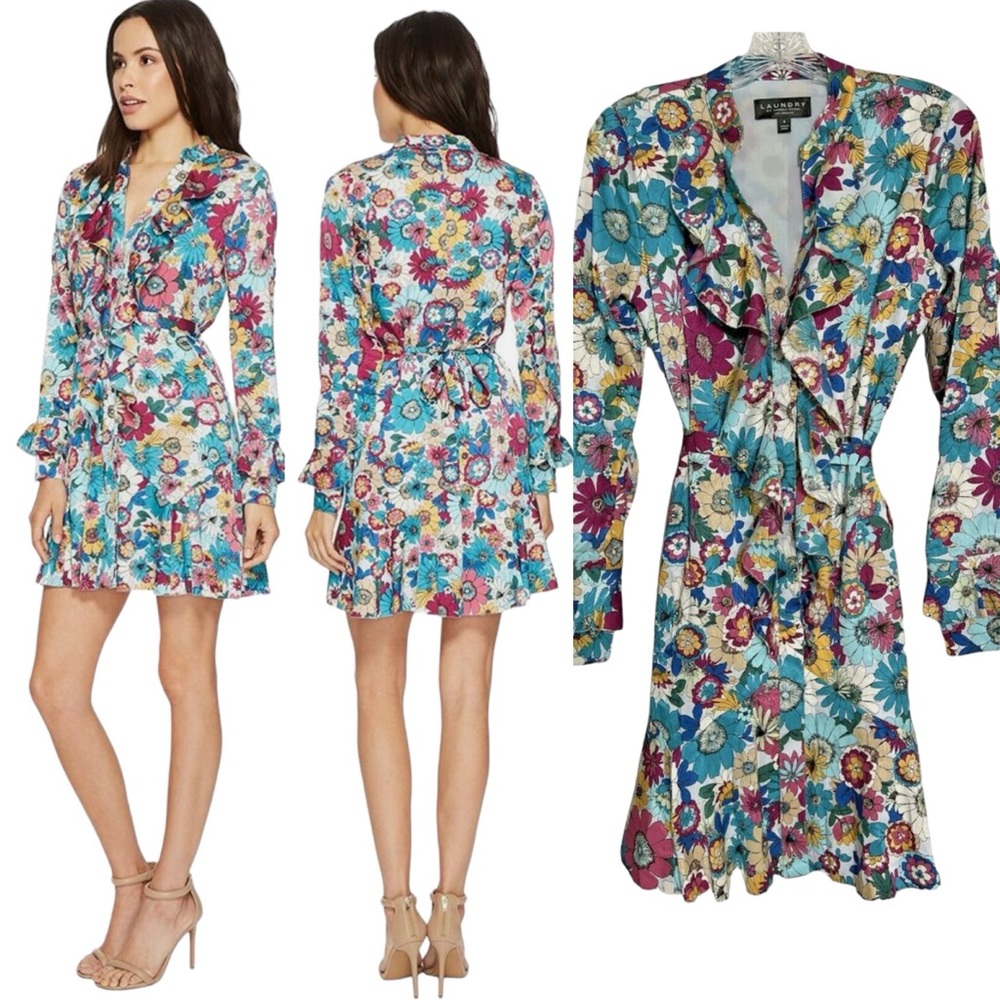 LAUNDRY BY SHELLI SEGAL Godet Floral Satin Ruffle Tie Waist Long Sleeve Dress 8